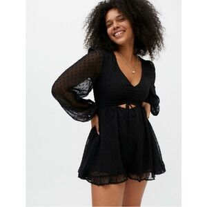 Urban Outfitters Puff Sleeve V-Neck Cut-Out Textured Black Romper